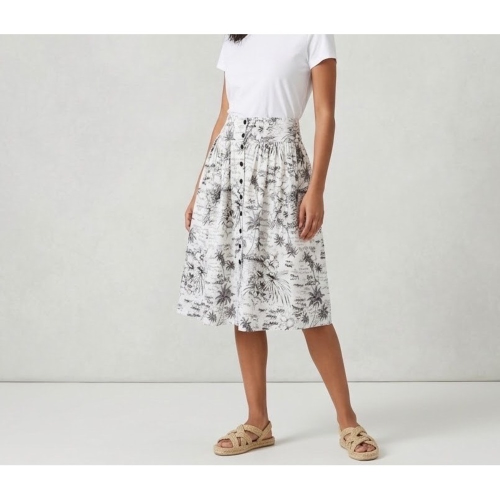 THE GREAT. Button Front Midi Skirt Size 1 Small Linen Tropical Toile Hawaii Cute